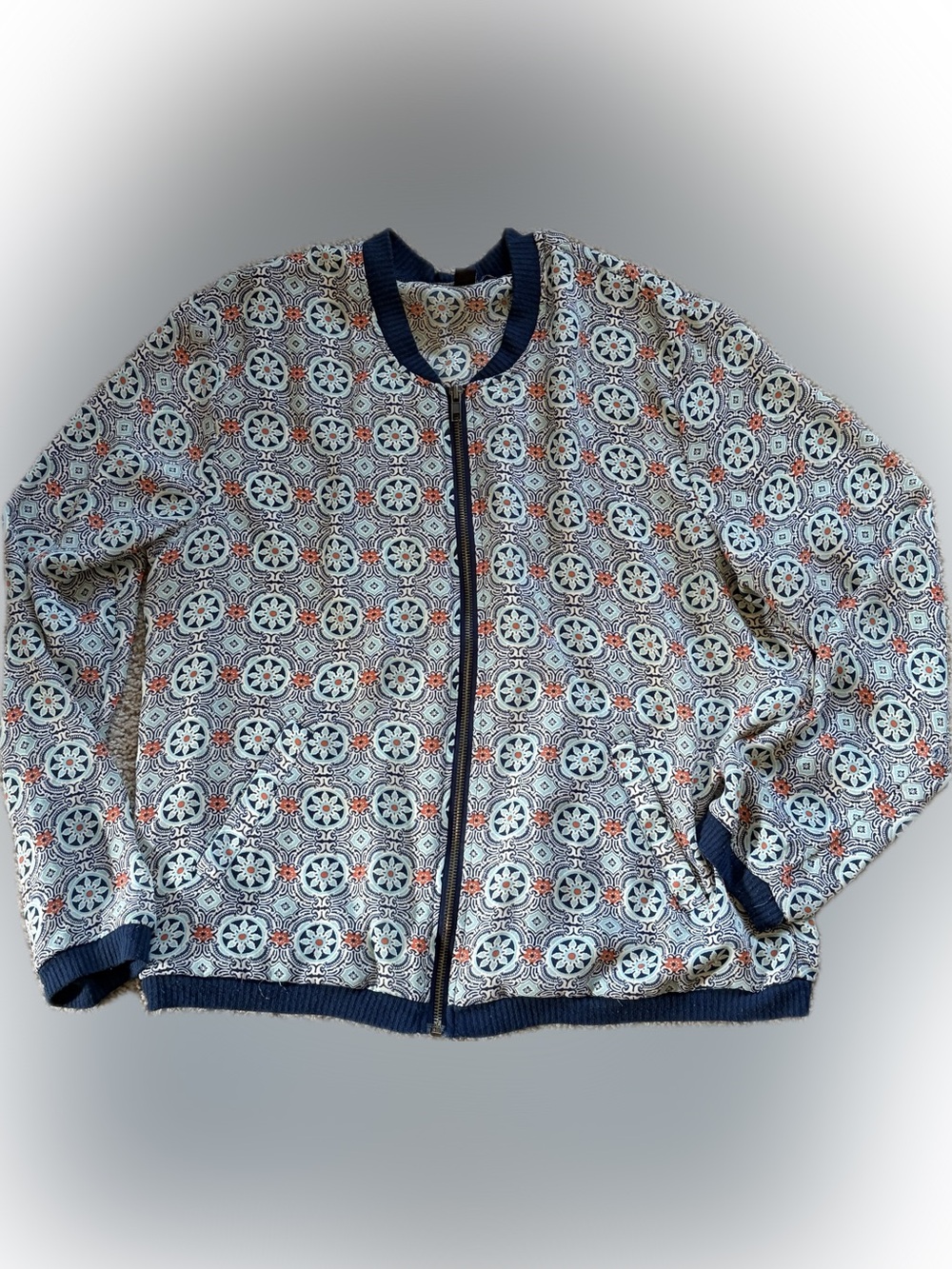 About A Girl Navy & White Medallion Bomber Jacket with Orange Accents